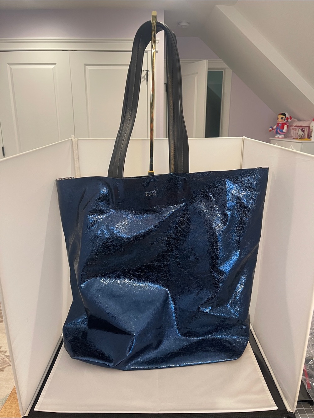 Shiny Navy Blue Tote with Black Handles - Women's Everyday Shopper